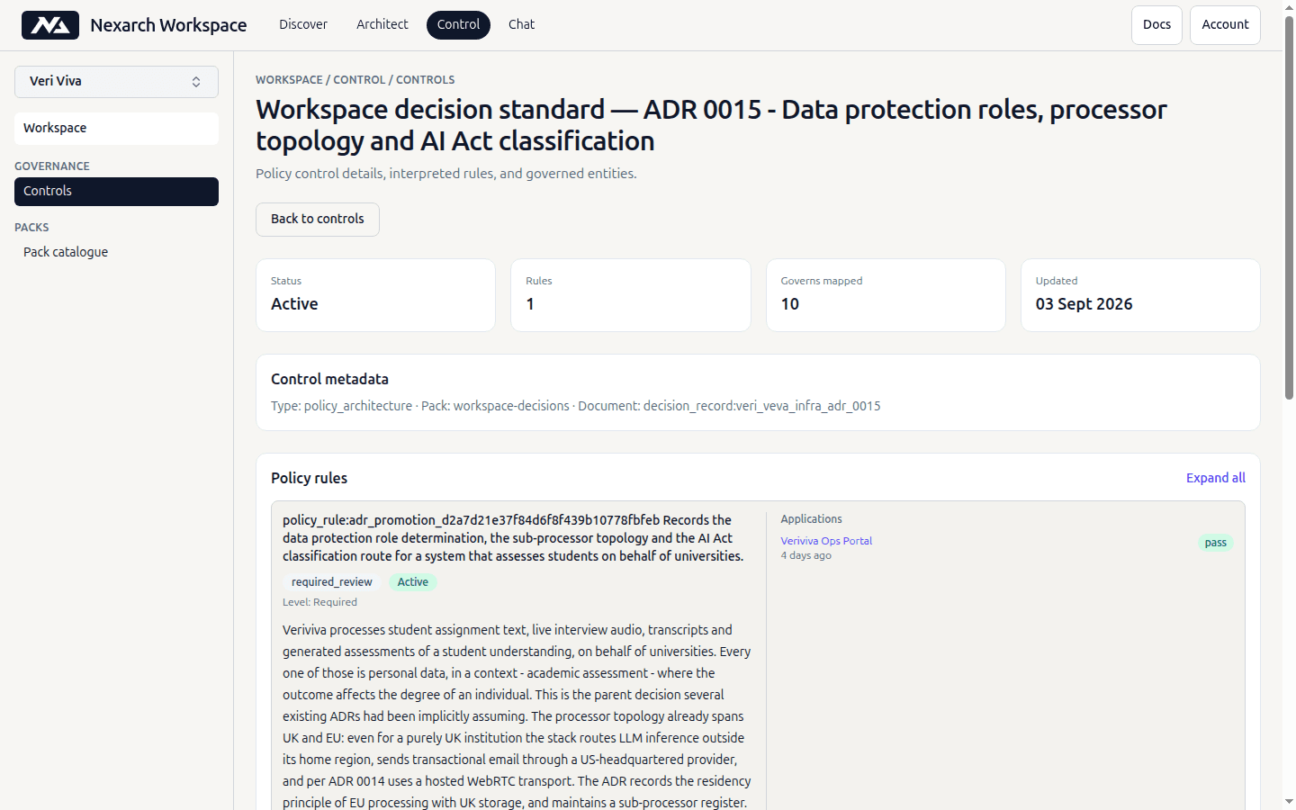 A control detail with its rule and the assessment result per application