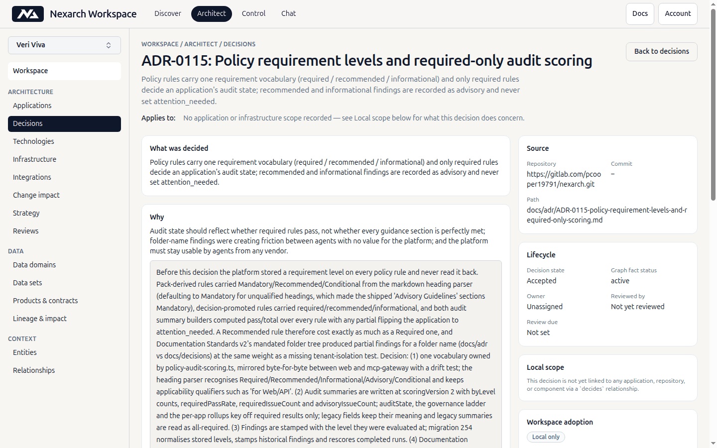 A decision record with its source repository and path