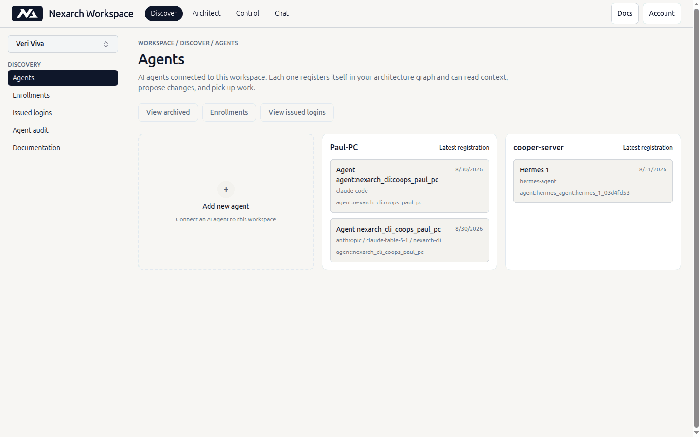 Agents page with one card per machine and its registered runtimes